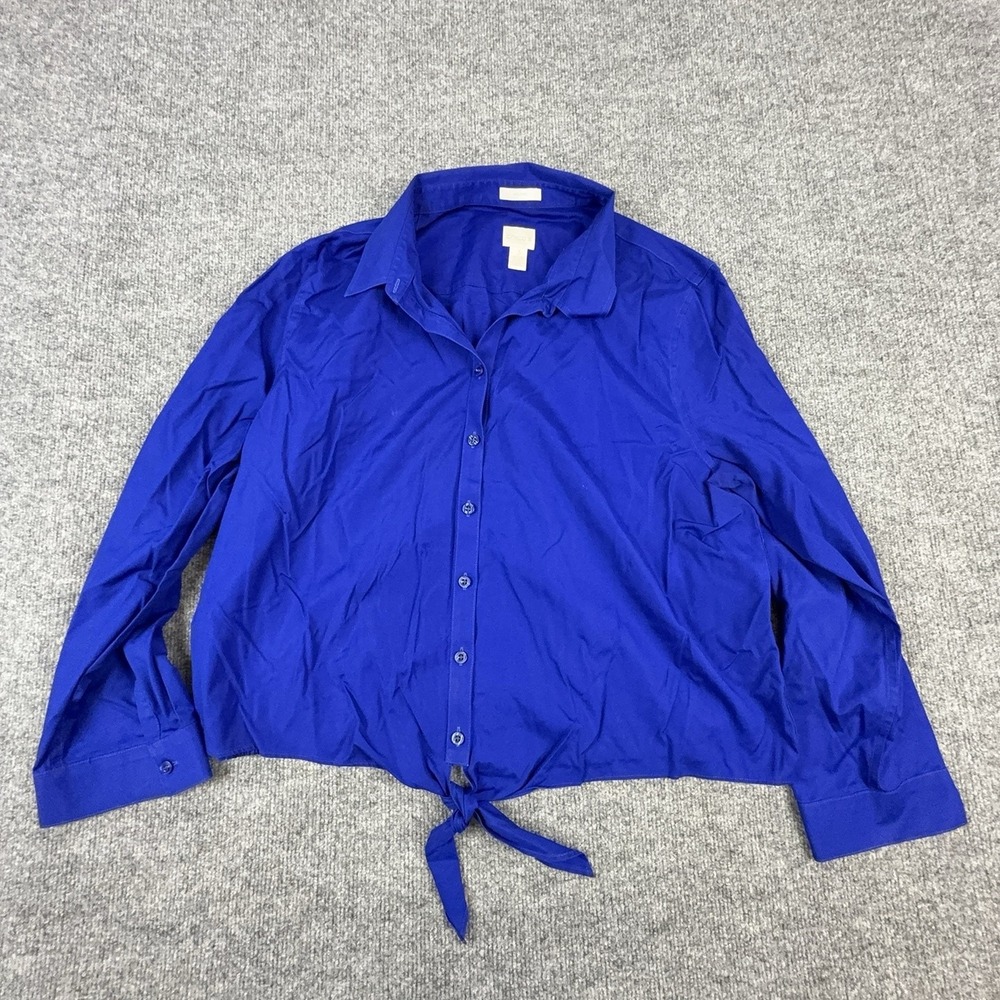 Chico's Shirt Womens 3 Blue No Iron Stretch Button Front Tie Hem Top Long Sleeve